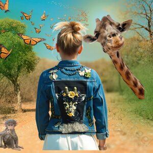 🦒 Giraffe Glam! Handmade Upcycled Levi’s Jacket (XS/S) – Safari Royalty 👑✨